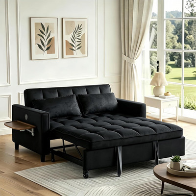 4-in-1 Convertible Sofa Bed with USB Ports & Side Table, Black Loveseat