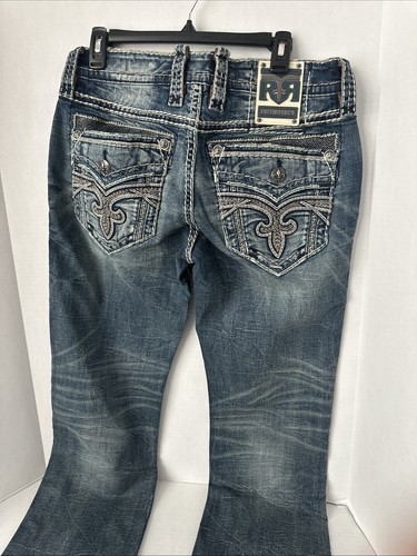 Rock Revival Tremont Boot Cut Jeans Distressed Dark Wash Blue Denim Men Sz 32x34 - Picture 14 of 16