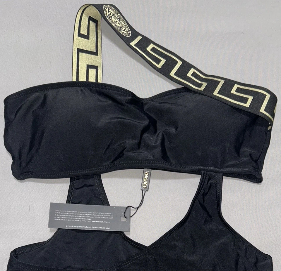 Black One-Shoulder Medusa Greek Key Pattern One-Piece Swimsuit Swimwear - Image 2 of 2