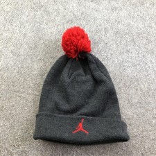 Jordan Beanie Hat Boys One Size Gray Red Pom Knit Jumpman Logo Youth Winter