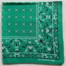 Vintage Bandana Green Cotton Geometric Border Floral Flourish Handkerchief 18"