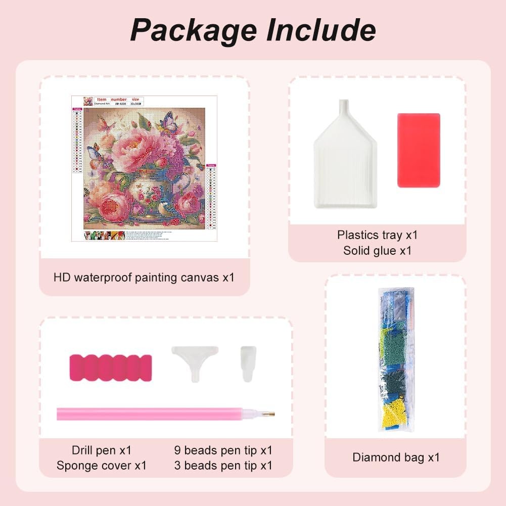 Flower Diamond Painting Kit for Adults, 5D Butterfly Diamond Art for Beginners -