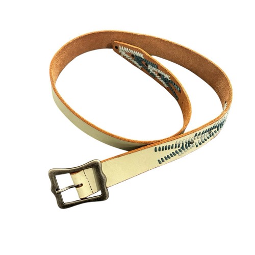 Lucky Brand Large Leather Belt Embroidered Country Western Ivory Blue Threads - Picture 2 of 6