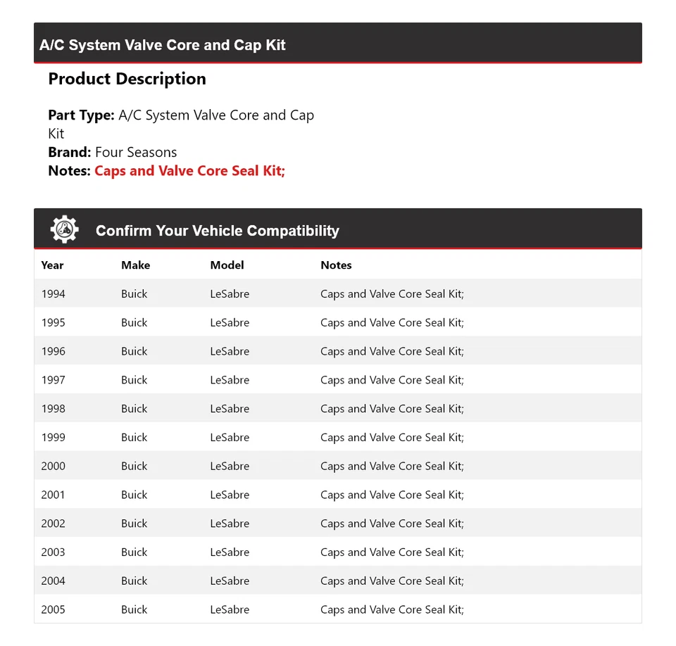 For 1994-2005 Buick LeSabre A/C System Valve Core and Cap Kit 4 Seasons 1995 - Image 2 of 4