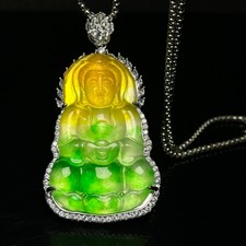 Certified Natural ice inlay Green jade Jadeite Avalokitesvara Pendant&Necklaces