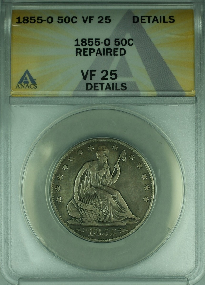 vintage an・an no.37 1855-O Seated Liberty Silver Half Dollar 50c Coin ANACS VF-25 Dets