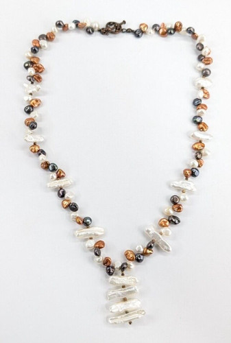 Bronze Peacock & White Freshwater Baroque Pearl Pendant Necklace Copper Clasp