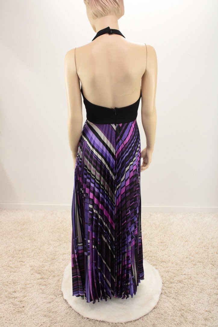 betsy and adam by linda bernell purple dress Betsy Adam Linda Bernell Maxi Halter Dress Pleated Satin Purple Chevron  Stripes