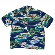 Paradise Found Large Hawaiian Shirt Airplane Short Sleeve Button Up Down