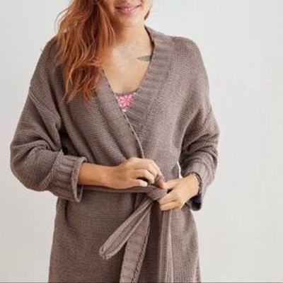 Aerie Taupe Open Front Belted Chenille 