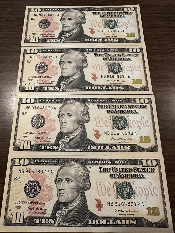 NEW Uncirculated TEN Dollar Bills SERIES 2017 $10 Sequential Notes Lot of 4 - Image 2 of 4