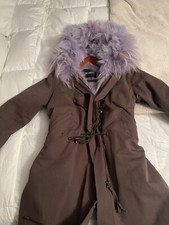 Peri Luxe Womens Parka Jacket Khaki Lavender Fox Fur Trimmed Zip Removable Fur
