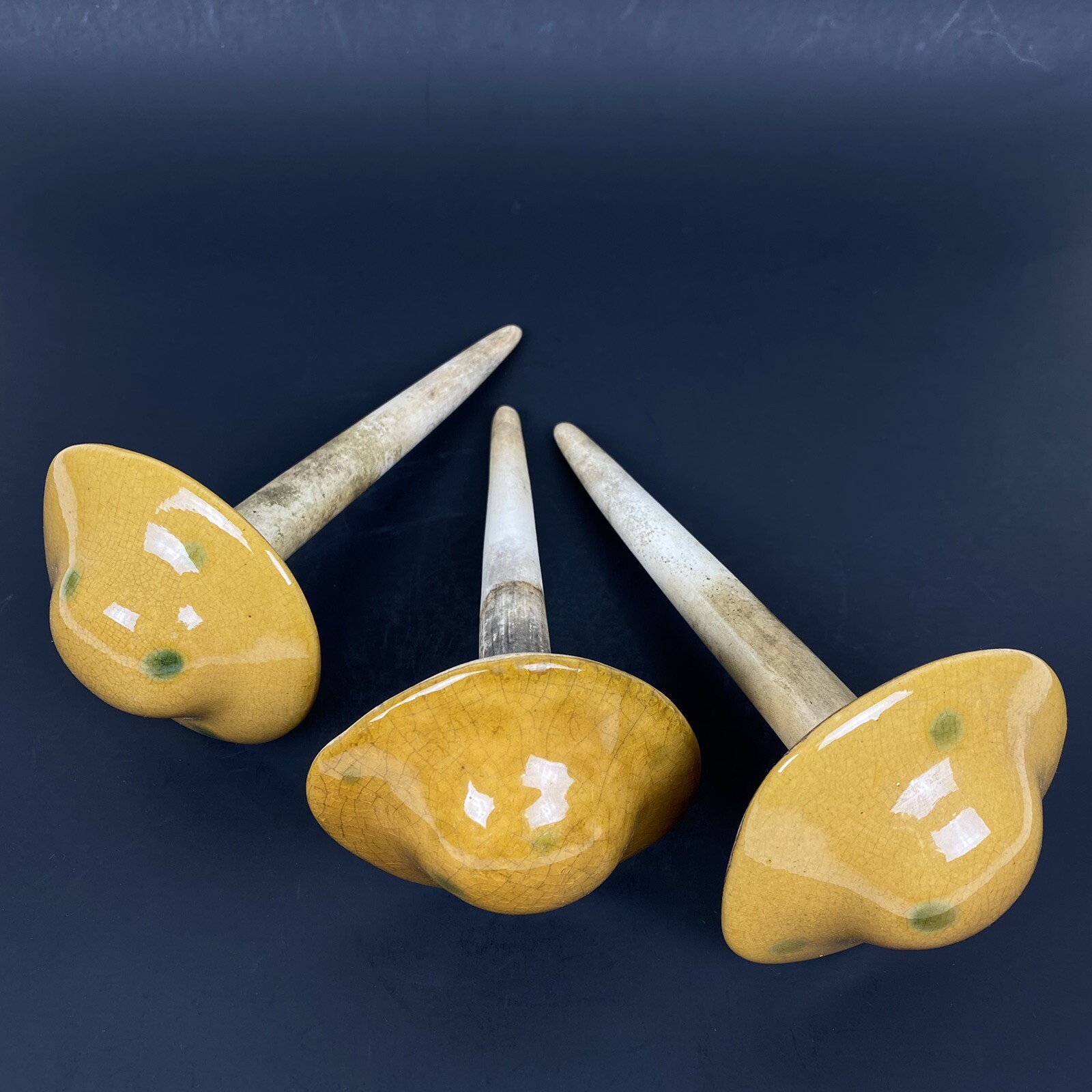 Vtg Set of 3 Ceramic Glazed Yellow Mushroom Plant Water Feeder Spike Watering Vtg Set of 3 Ceramic Glazed Yellow Mushroom Plant Water Feeder Spike Watering