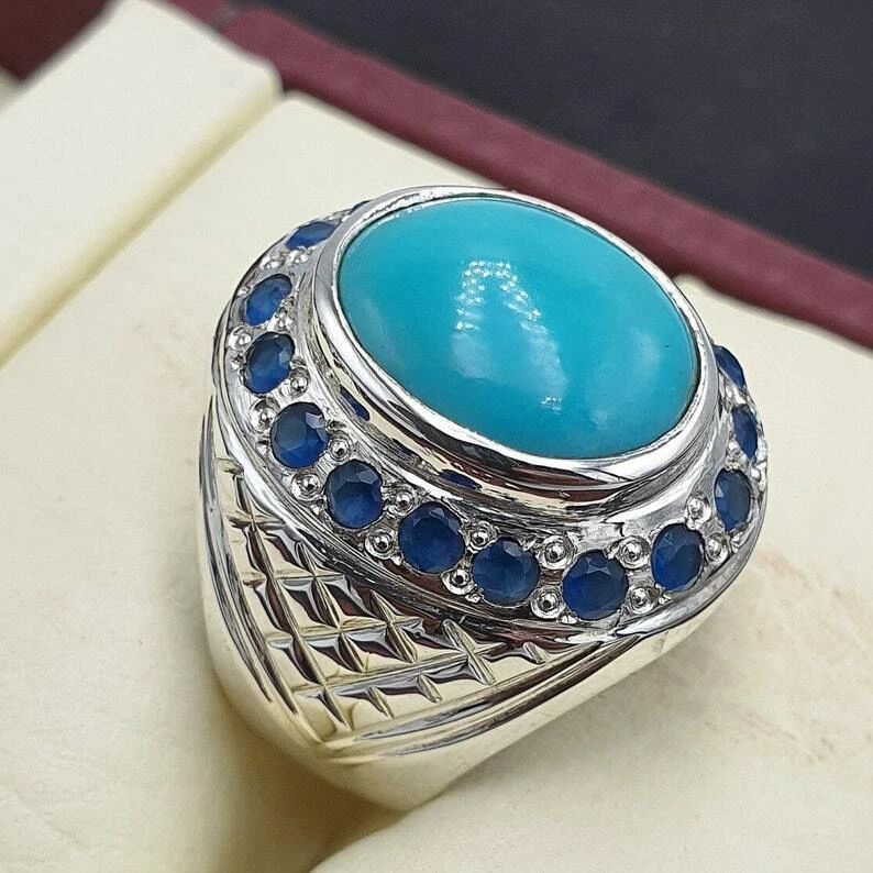 Anillo Turquesa Natural Para Hombre con Zafiros Hecho a Mano Anillos Hombre Talla 9 Piedra Real Foto 4 de 4