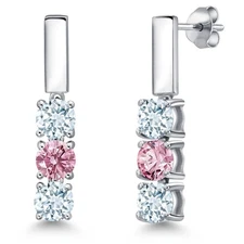 1.50 Ct Sky Blue Aquamarine Pink Lab Grown Diamond 925 Sterling Silver Earrings