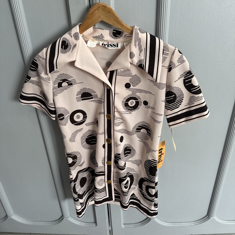 Vintage 1970s TRISSI Button Down Pink Brown Retro Polyester Blouse 1 Sz S NWT