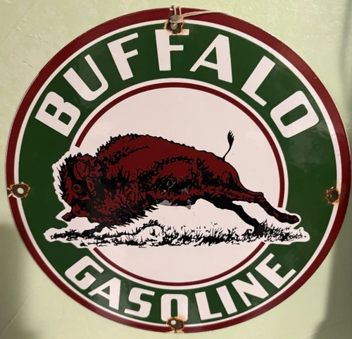 VINTAGE 1930s  12" BUFFALO GASOLINE WYOMING PORCELAIN SIGN