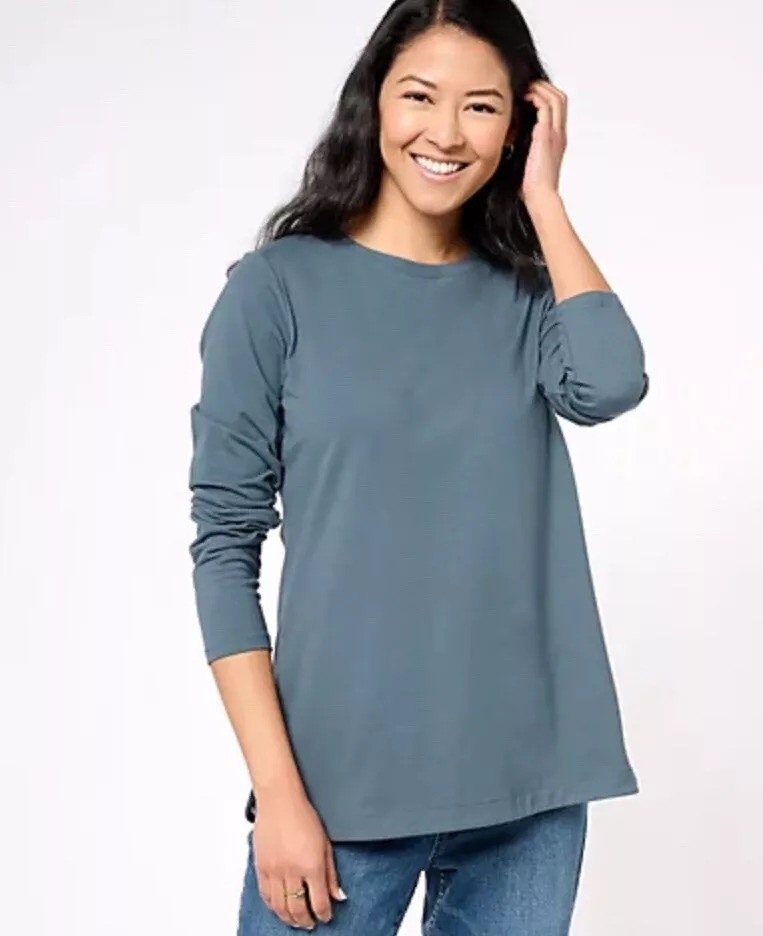 Denim & Co. Essentials Perfect Jersey Crew Neck Tunic Shirt Dark Slate XS New