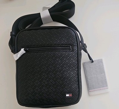 Tommy Hilfiger Black Geometric Crossbody Bag Men Zip Adjustable Strap Designer