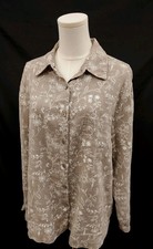 Clio Linen Blouse Button Down Natural Tan & White Floral Long Sleeve USA Made XL