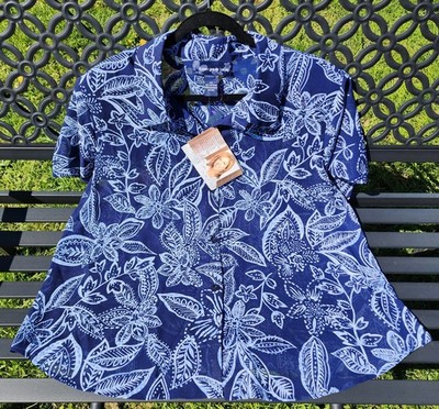 Susan Graver Style 2X Navy Blue White Floral Batik Button Front Camp Shirt NWT