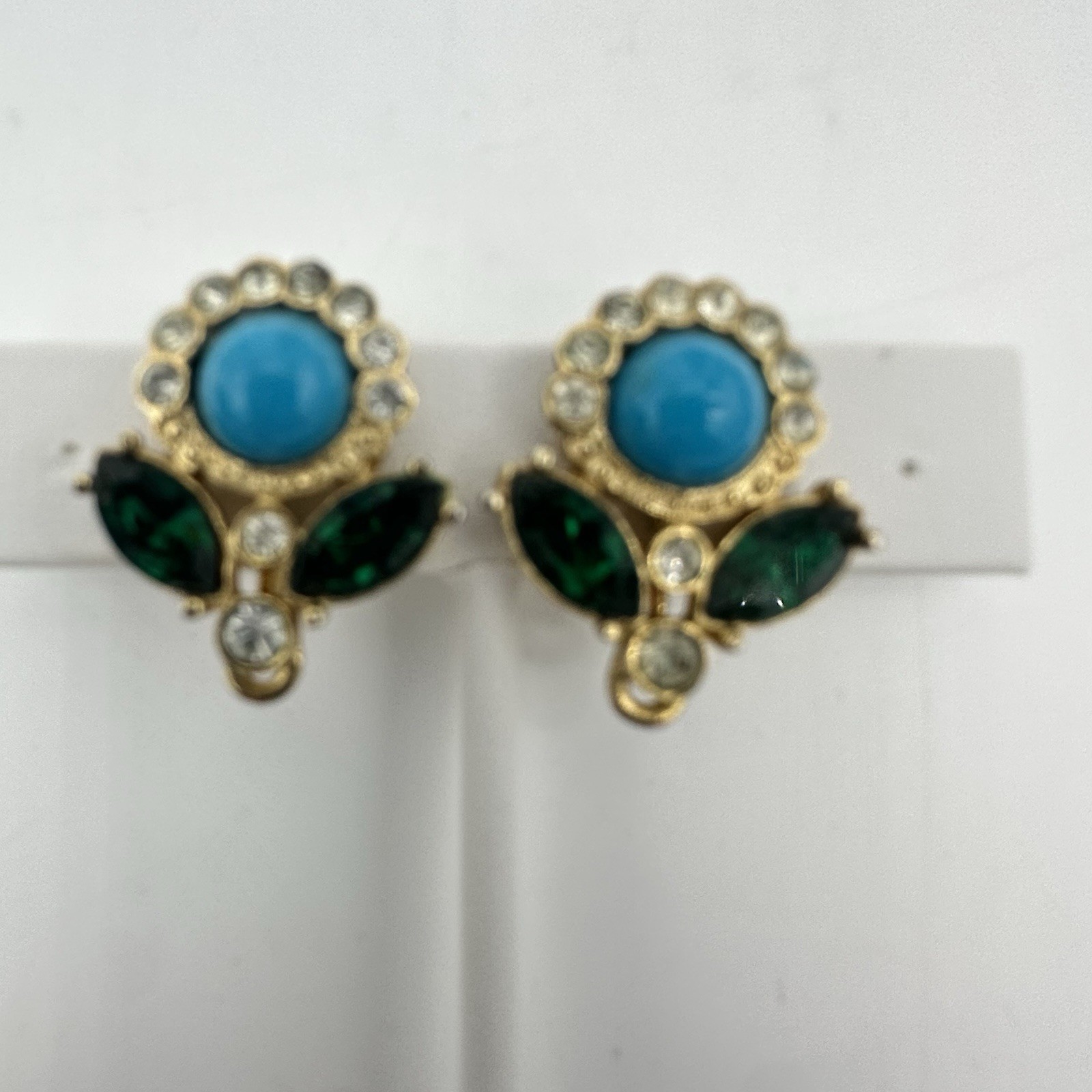 Vtg Sarah Coventry Maharani Earrings Rhinestone Faux Turquoise 1969