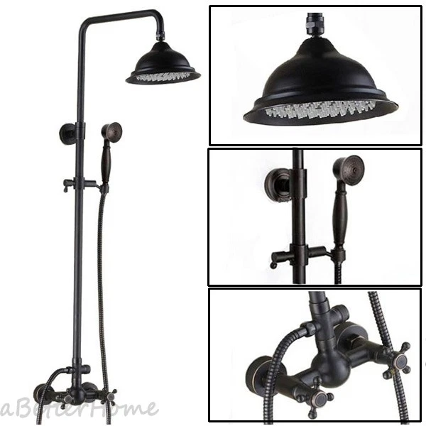 Bathroom Rain Shower Head Set Wall Mounted Bath Faucet with Handheld Spray Black
