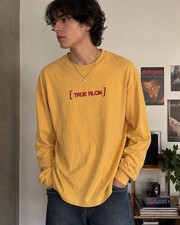 True Religion XL Long Sleeve T Shirt Yellow Embroidered Logo USA Made Cotton Y2K