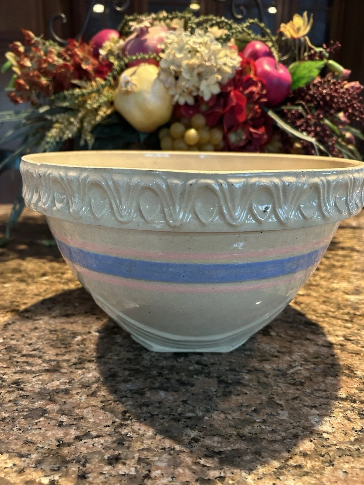 Antique Vintage 11" Stoneware Kitchen Mixing Bowl Pink and Blue Bands USA