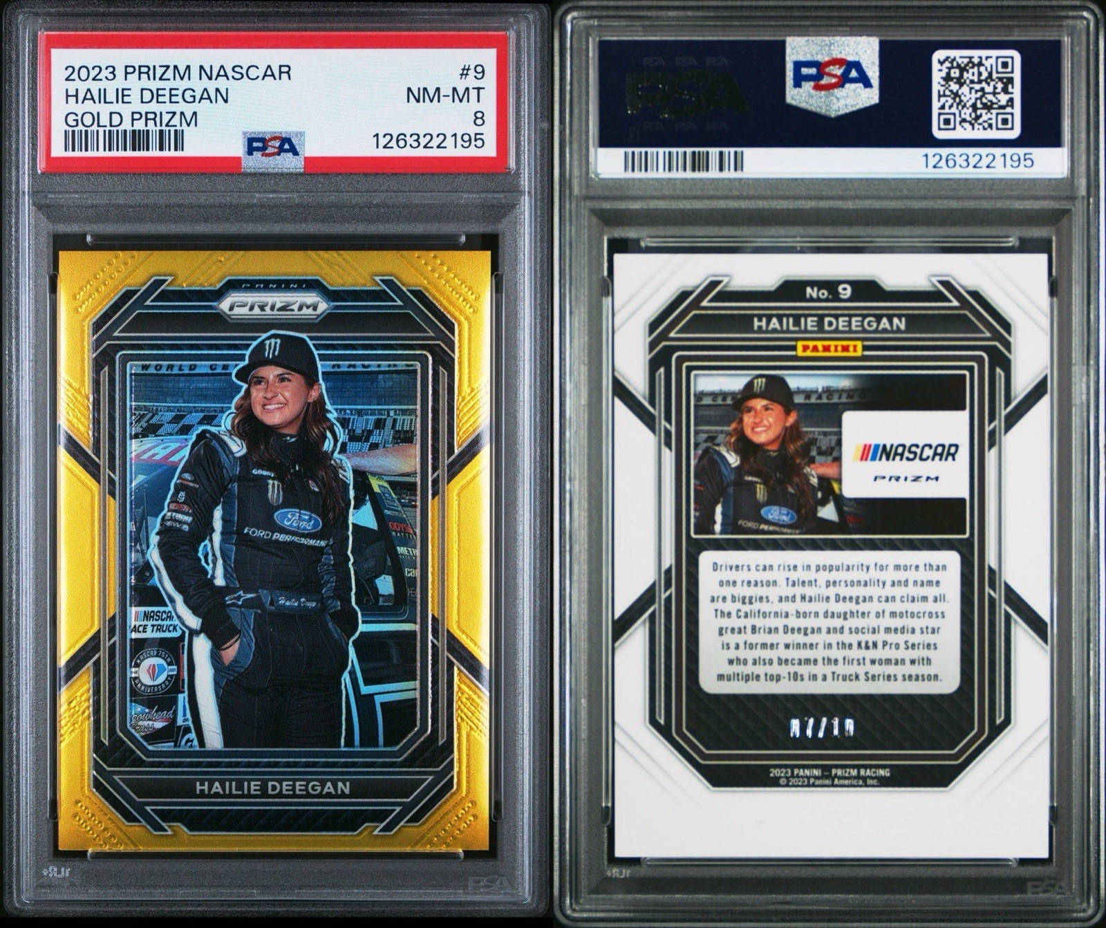 2023 Prizm Racing Hailie Deegan #9 NASCAR Gold Prizm Parallel PSA 8 view 3