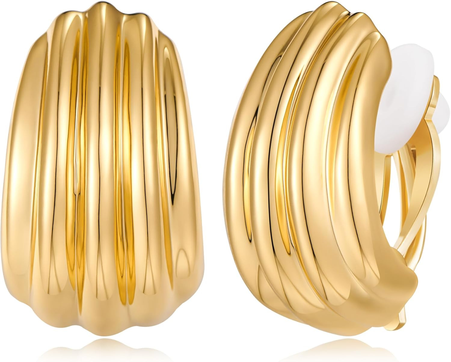 Gold Striped Ridged Chunky Clip on Earrings for Women Large Non Pierced Earrings