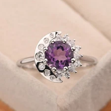 Amethyst 2CT Round Gemstone 925 Silver Plated Statement Ring Birthday Gift