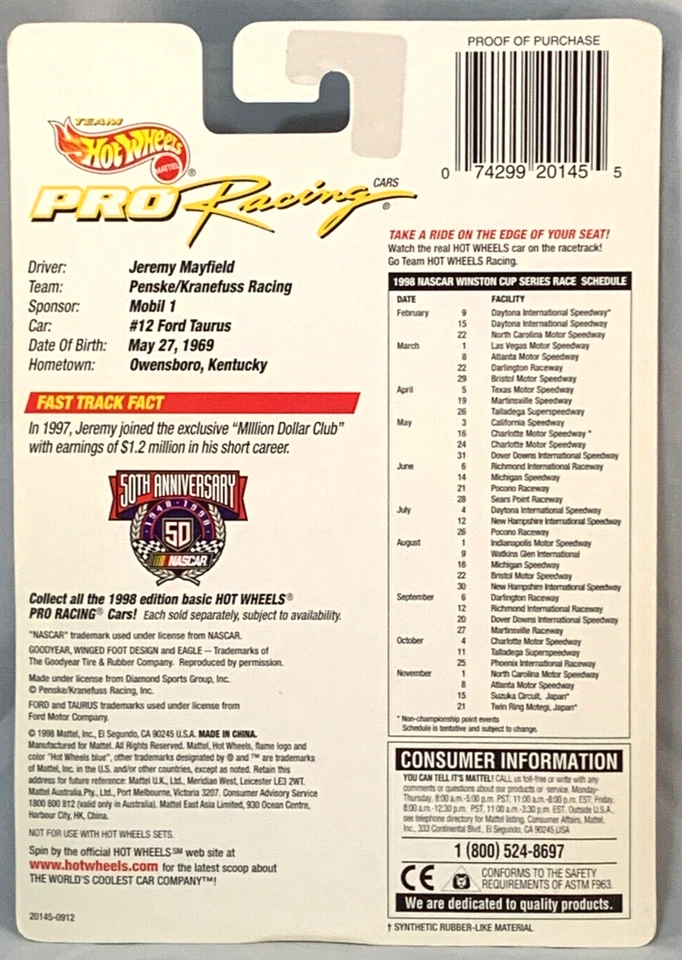 Hot Wheels Pro Racing 1st Edition 1998 #12 Jeremy Mayfield Mobil 1 - Image 2 of 2