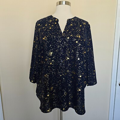 Bloomchic Size 22/24 Navy Blue Gold Stars Roll Tab Sleeve V-Neck Shirt Top NWT