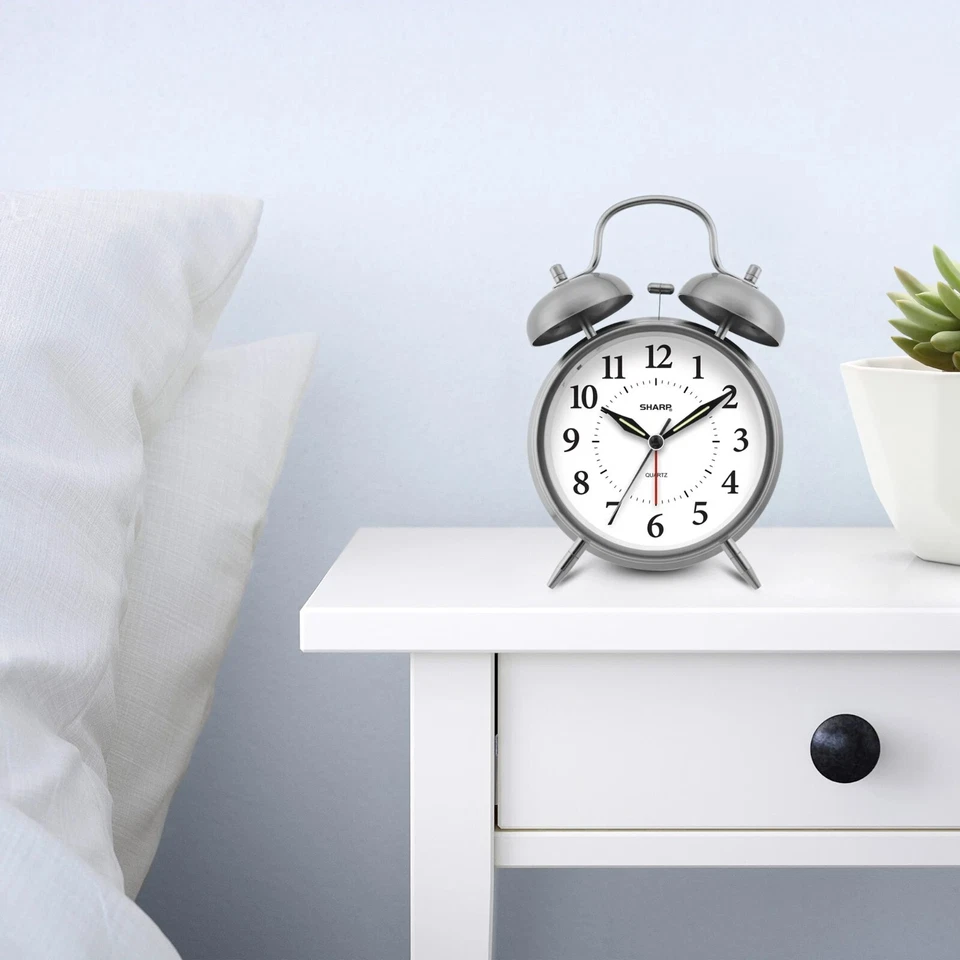 SHARP Twin Bell Quartz Analog Alarm Clock, Silver Brushed Metal - Image 2 of 4