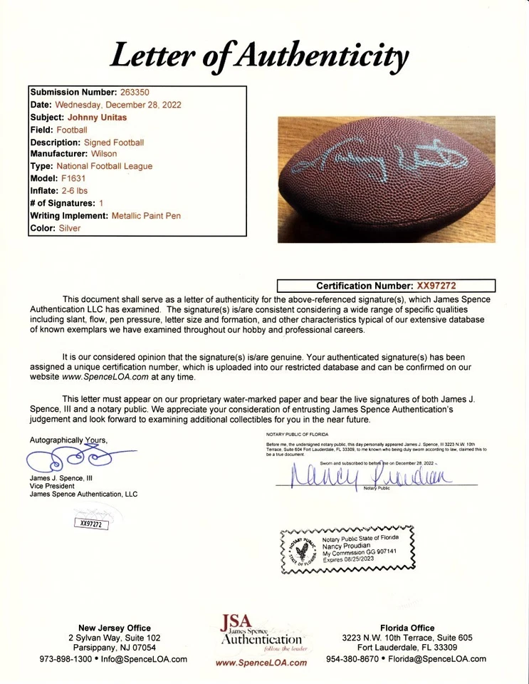 Johnny Unitas autographed signed autograph mini Wilson NFL football (JSA) Colts - Image 2 of 2
