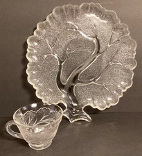 Vintage Hazel Atlas Tree of Life Hostess Snack Set MATCHING Tree Embossed Cup