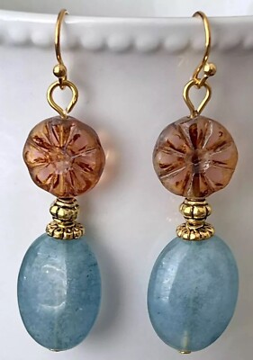 Gold, Amber and Blue Stone Dangle Earrings. Picasso Beads.