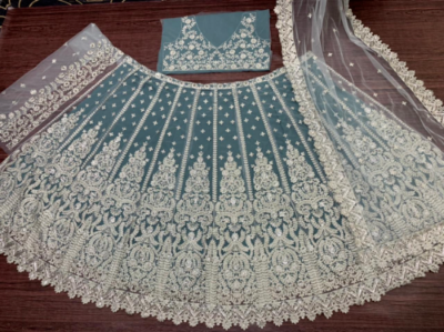 Grey Net Lehenga Choli – Indian Bollywood Wedding Wear, Semi-Stitched, Chine Work