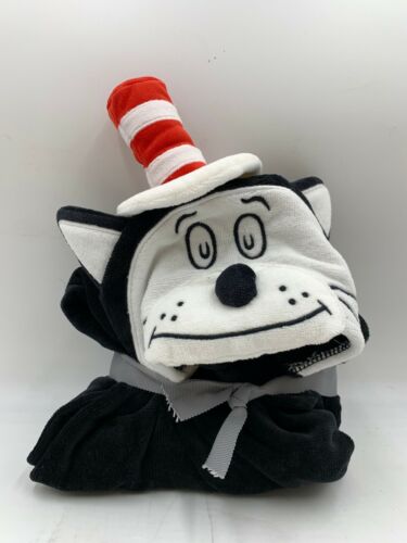 Pottery Barn Kids Dr.Suess Cat in the Hat Hooded Towel Wrap Black White #9505N - Afbeelding 1 van 3