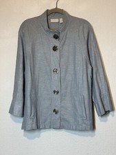 Chicos Blue Linen Blend Shimmer Jacket Mock Neck Filigree Button Size 3 XL