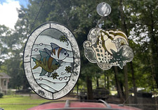 Vintage Leaded Stained Glass Fish Seashells Suncatcher Hanging Window Decor