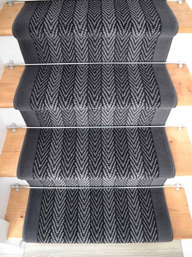 Grey Stair Runner Rugs Herringbone Very Dark Long For Hall Stairways With Border - Picture 2 of 6