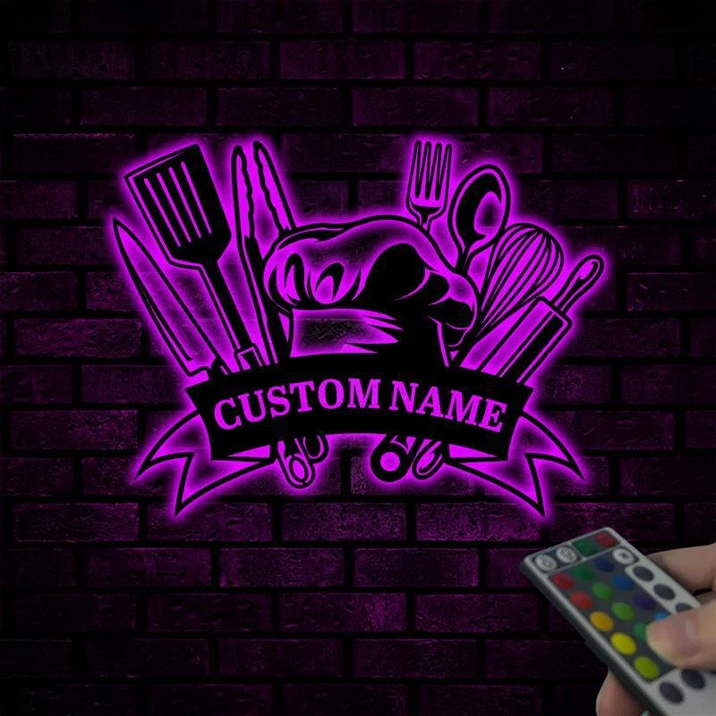 Herramientas de chef personalizadas arte de pared de metal con luces LED, herramientas de cocina letreros Foto 2 de 4