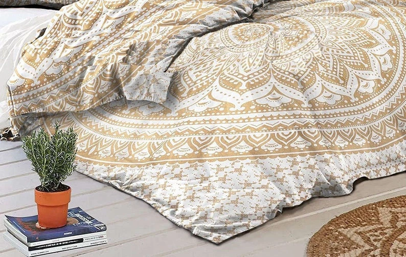 Gold Mandala Duvet Cover Queen Indian Quilt Cover Cotton Doona Blanket Cover Art - Image 3 of 4