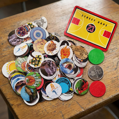 48294 - Pogs Milk Caps Lot   200 Pieces + 6 Slammers + 1 Gameboard   Street Kaps