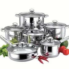 12pcs Stainless Steel Cookware Set with Lids & Stay-Cool Handles - Induction Com