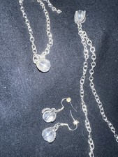 Silver Tone Jewelry Set Necklace Bracelet Earrings Clear Round Beads Metal Glass