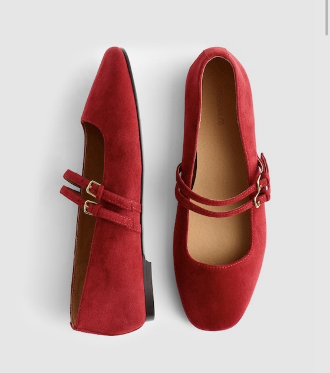 Madewell Sz 11 The Greta Double-Strap Ballet Flat In Red Suede