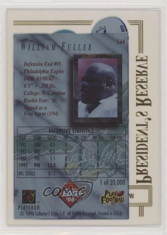 1996 Collector's Edge President's Reserve /20000 William Fuller #144 - Image 2 of 2